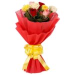 8 Mix Color Roses Bunch Wrapped in Red Paper