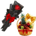 A Fresh Fruits Combo - A Fresh Fruits Basket + 1 Red Rose Bouquet