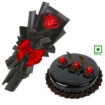 A Cake & Flowers Combo - Half Kg Chocolate Cake + 1 Red Rose Bouquet