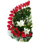 A Premium Designer Basket Arrangement of 40 Red Roses & 2 White Lilies