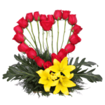 A Cute Heart Shape Arrangement of 21 Red Roses & 3 Yellow Lilies