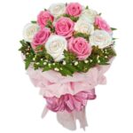 A Premium Fancy Bunch of 12 Pink & White Roses