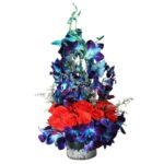 Blue Orchids & Red Roses Designer Arrangement in Glass Vase