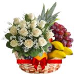 A Fresh Fruits Combo - A Fresh Fruits Basket + 12 White Roses