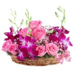 A Mesmerizing Basket of 3 Purple Orchids & 7 Pink Roses