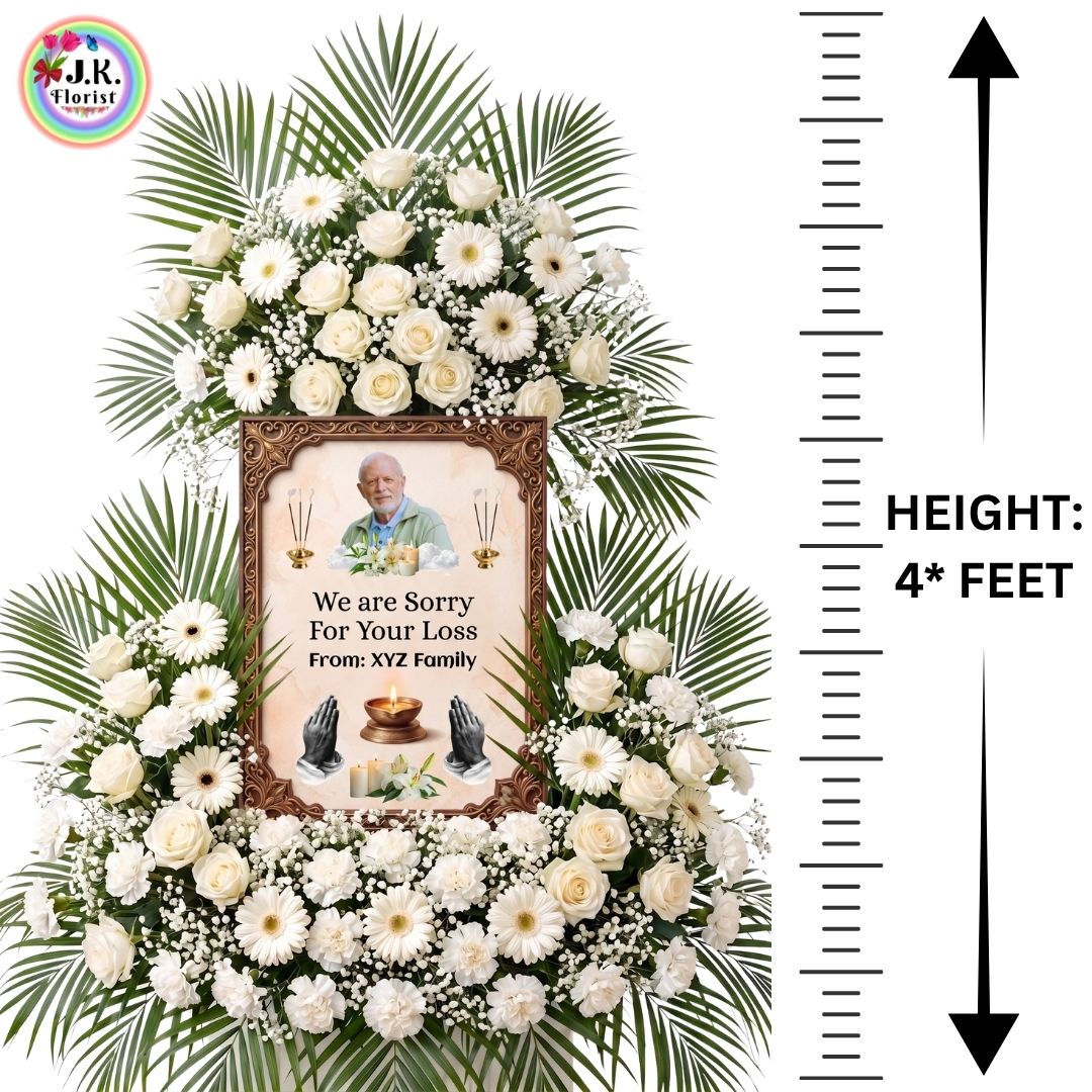 BIG SIZED Funeral White Mix FLowers Big 4 FEET Personalized Photo Premium Arrangement of White Roses & Gerberas - Image 1