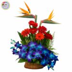 An Exotic Basket of Birds of Paradise, Blue Orchids & Red Gerberas