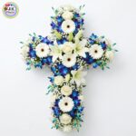 WREATH (Cross) - of Blue Orchids, White Lilies, Roses & Gerberas (Medium)